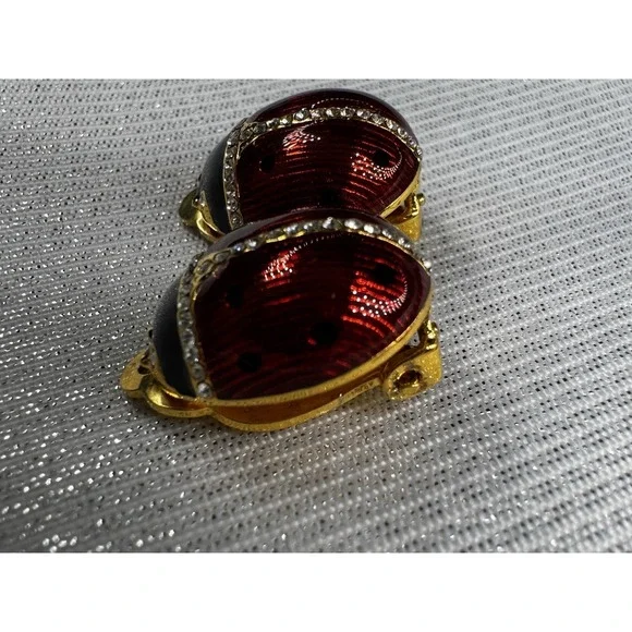 MMA 925 Sterling Ladybug Clip Earrings Red Enamel Rhinestone Vermeil - Picture 2 of 7